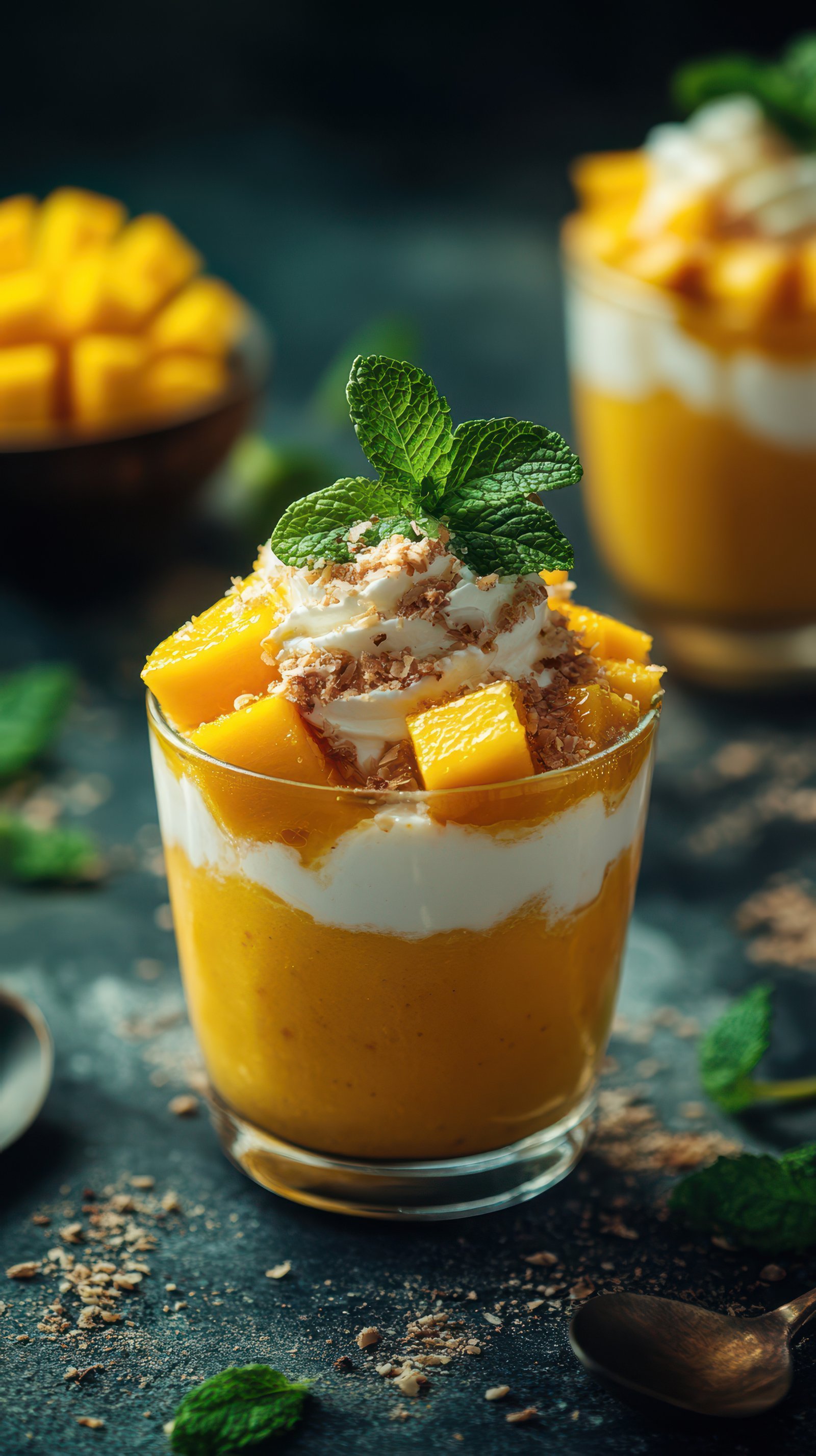 Delicious mango dessert served in a glass with whipped cream and mint leaves in a cozy kitchen setting